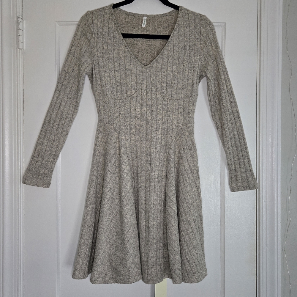 Halara Ribbed Knit V Neck Long Sleeve Flare Mini Casual Dress -Small- Warm Grey